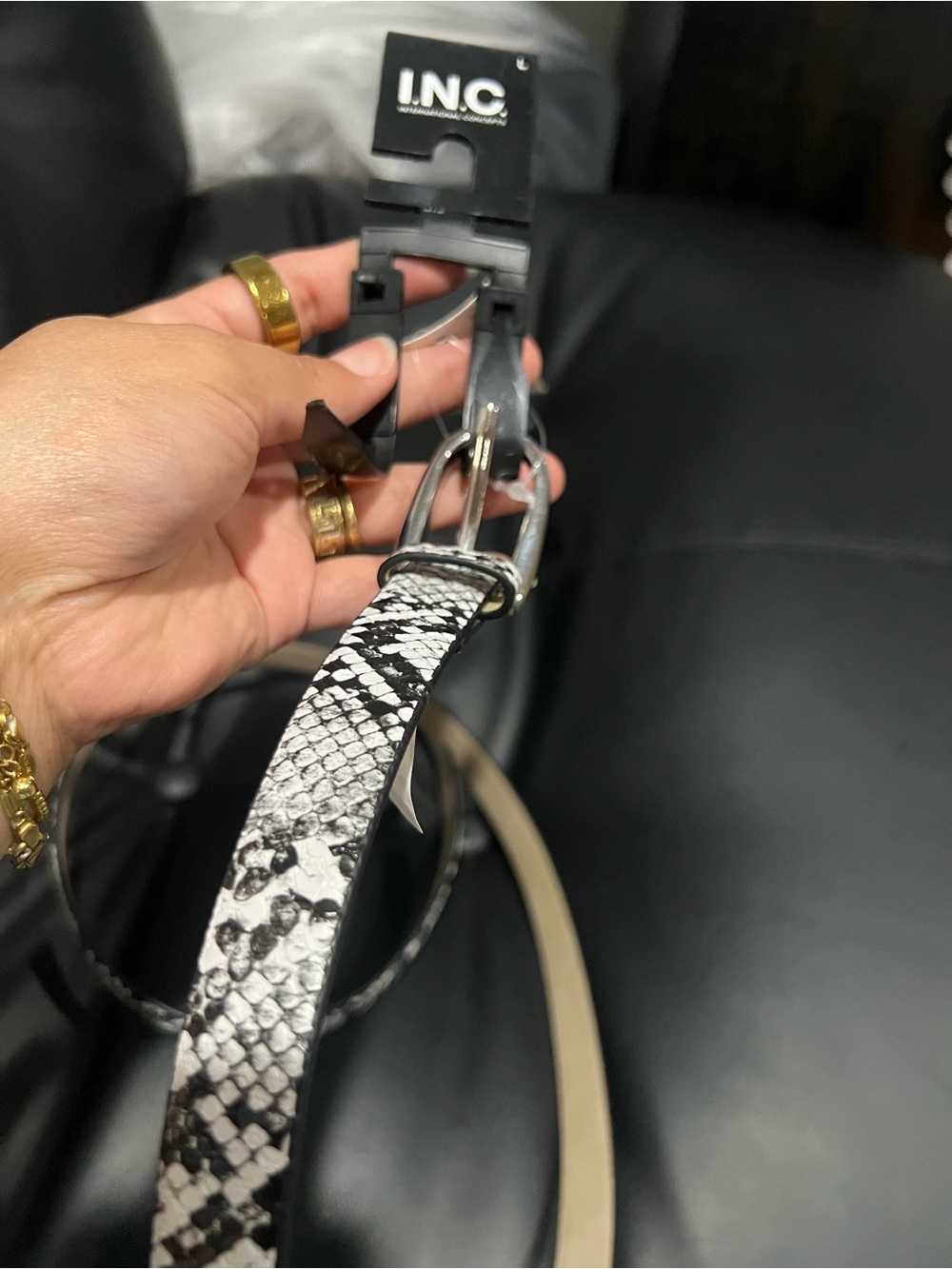 INC International Concepts Black & White Snake-Print Belt with Silver Buckle
